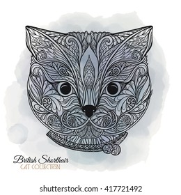 Decorative cat head on watercolor background.  Vector illustration. 