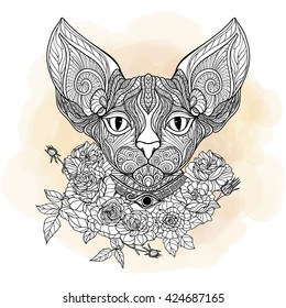 Decorative cat head with roses collar. Vector illustration. This illustration can be used as a greeting card or as a print on T-shirts and bags.
