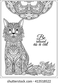 Decorative Cat with mandala. Vector illustration.  Adult Coloring book. Coloring page. Vector illustration.