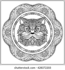 Decorative Cat with mandala. Vector illustration.  Adult Coloring book. Coloring page. Vector illustration.