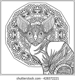 Decorative Cat with mandala. Vector illustration.  Adult Coloring book. Coloring page. Vector illustration.