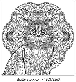 Decorative Cat with mandala. Vector illustration.  Adult Coloring book. Coloring page. Vector illustration.