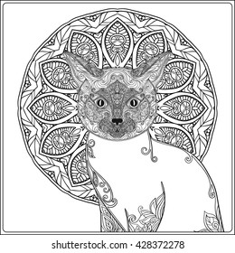 Decorative Cat with mandala. Vector illustration.  Adult Coloring book. Coloring page. Vector illustration.