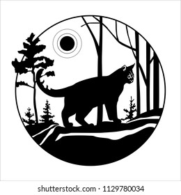 Decorative cat with nature pine forest, forest landscape and clouds.Isolated vintage vector illustration.Tattoo, travel, adventure, symbol of wild nature.Natural spaces.Ecology.