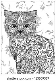 Decorative Cat on floral background. Vector illustration.  Adult Coloring book. Coloring page. Vector illustration.