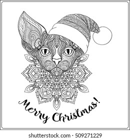 Decorative cat in the Santa Claus hat on a snowflake background. Coloring book for adult. Outline drawing coloring page. Stock line vector illustration.