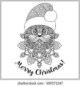 Decorative cat in the Santa Claus hat on a snowflake background. Coloring book for adult. Outline drawing coloring page. Stock line vector illustration.