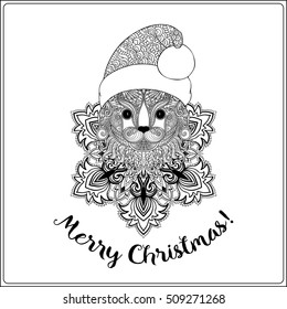 Decorative cat in the Santa Claus hat on a snowflake background. Coloring book for adult. Outline drawing coloring page. Stock line vector illustration.