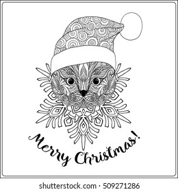 Decorative cat in the Santa Claus hat on a snowflake background. Coloring book for adult. Outline drawing coloring page. Stock line vector illustration.