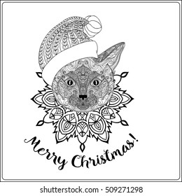 Decorative cat in the Santa Claus hat on a snowflake background. Coloring book for adult. Outline drawing coloring page. Stock line vector illustration.