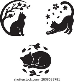 Decorative cat silhouettes with cherry blossoms silhouette stretching sleeping illustration collection domestic character