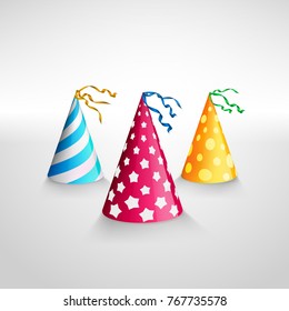 Decorative celebration hats collection vector illustration. Holidays 
three isolated caps on white background