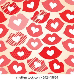 Decorative celebratory seamless background with lips and hearts