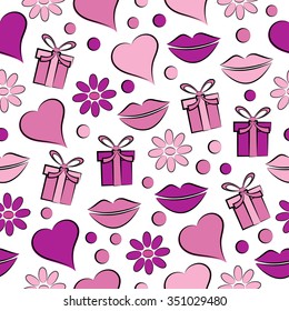 Decorative celebratory seamless background with lips,gift and hearts