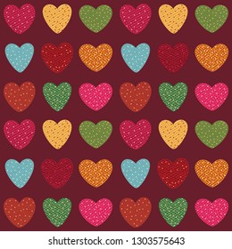 Decorative celebratory vector seamless background with hearts on dark background.  EPS 8.