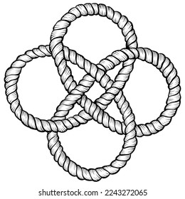 Decorative Celtic rope knot. Twisted line rope circle mat. Vector black sketch doodle illustration isolated on white.