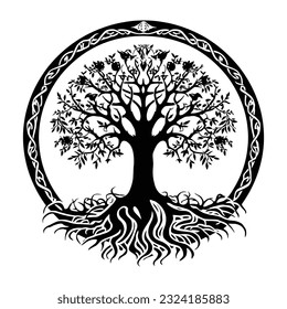 Decorative Celtic tree of life Vector ornament. Graphic arts, dot work. Grunge vector illustration of the Scandinavian myths with Celtic culture.