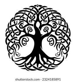 Árbol celta decorativo de adorno vector de vida. Artes gráficas, trabajo de puntos. Grunge ilustración vectorial de los mitos escandinavos con la cultura celta.