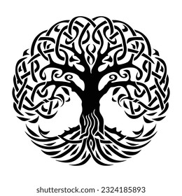 Decorative Celtic tree of life Vector ornament. Graphic arts, dot work. Grunge vector illustration of the Scandinavian myths with Celtic culture.