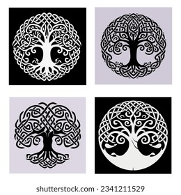 Decorative Celtic tree of life Vector ornament. Graphic arts, dot work. Grunge vector illustration of the Scandinavian myths with Celtic culture.