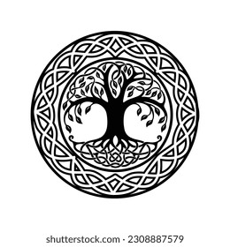 Decorative Celtic tree of life, World Tree, black and white design, Vector illustration