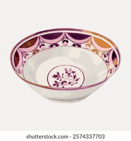 Decorative ceramic bowl with intricate floral patterns. The bowl features purple and pink designs. Ceramic bowl with floral motifs. Elegant and artistic ceramic piece. Vintage vector element.