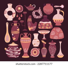 Decorative ceramic pottery. Clay crockery, vases and dishes, ceramic tableware. Kitchenware, pottery items hand drawn flat vector illustrations set
