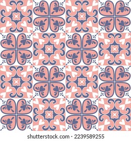 Decorative ceramic tile mosaic purple lilac pink white pastel color and ornate arabic pattern, vintage vector illustration