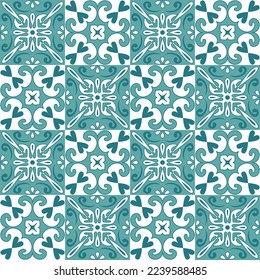 Decorative ceramic tile mosaic square shape, trendy green mint white pastel color and ornate arabic pattern