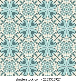 Decorative ceramic tile square shape, blue mint color and ornate arabic pattern, vintage vector illustration