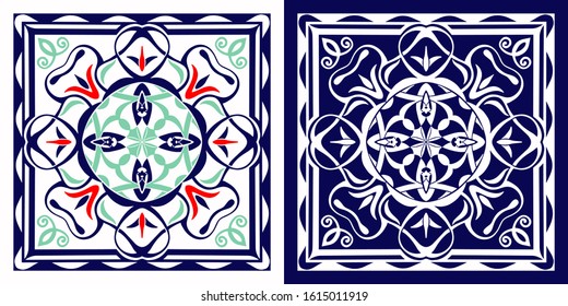 Decorative ceramic tile. Vector illustration. Square ornamentseamless tile with Victorian motives