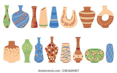 Decorative ceramic vases. Different antique and modern shapes. Porcelain pot. Interior pottery with abstract pattern. Earthenware jug. Colorful amphora. Art objects