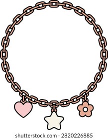 A decorative chain bracelet with three colorful dangling charms in heart, star, and flower shapes.