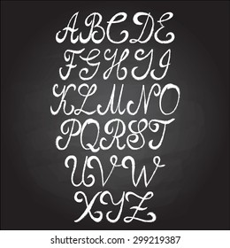 Decorative chalkboard font Hand written letters Chalk font alphabet vector Elegant alphabet on blackboard background Swirly calligraphic alphabet for scarp booking, wedding cards, posters, textiles