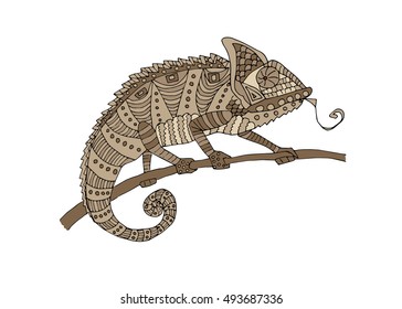 Decorative chameleon on the branch, flat design. Vector illustration, isolated.