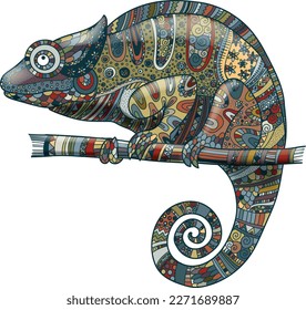 Decorative chameleon on a twig. Vector file for designs.