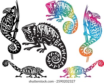 Decorative chameleons set, black and white and color, vector silhouettes