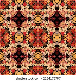 Decorative chaotic abstract floral pattern, on dark background, vibrant colors