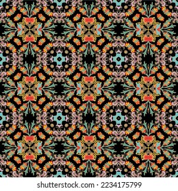 Decorative chaotic abstract floral pattern, on dark background, vibrant colors