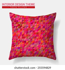 Decorative cheerful cushion. Throw Pillow design template. Red tones mosaic pattern is masked. Interior design element. Creative Sofa Toss Pillow. Vector design is layered, editable. 