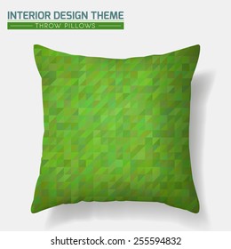 Decorative cheerful cushion. Throw Pillow design template. Green tones mosaic pattern is complete,  masked. Interior design element. Creative Sofa Toss Pillow. Vector design is layered, editable. 