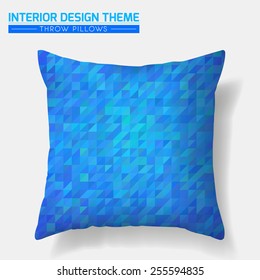 Decorative cheerful cushion. Throw Pillow design template. Blue & Turquoise tones mosaic pattern is masked. Interior design element. Creative Sofa Toss Pillow. Vector design is layered, editable. 