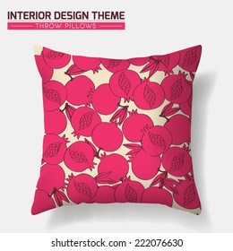 Decorative cheerful Pomegranate Throw Pillow design template. Original Pomegranate pattern is masked. Modern interior design element. Creative Sofa Toss Pillow. Vector design is layered, editable 