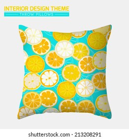 Decorative Cheerful Throw Pillow design template. Original Citrus Slice pattern is complete, masked. Modern interior design element. Creative Sofa Toss Pillow. Vector design is layered, editable.