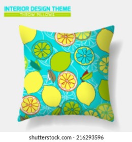 Decorative Cheerful Throw Pillow design template. Original Citrus pattern is complete, masked. Modern interior design element. Creative Sofa Toss Pillow. Vector design is layered, editable.