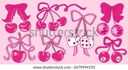 Decorative cherry elements with y2k coquette ribbons and bows for girly aesthetic designs. Glossy fruit pairs, disco balls with dice and billiard spheres tied by knots for nostalgic fashion graphics