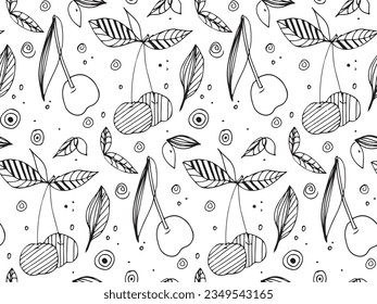 Decorative Cherry with leaf hand drawn doodle sketch seamless pattern. Linear berry. Natural abstract vector illustration. Food Repeated template for background, textile, wrapping paper, wallpaper.