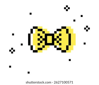 Decorative chic bow in pixel art. Y2k inspired yellow bow tie icon. Trendy collage sticker. Mood of 90's. 8 bit retro style isolated vector illustration on white background. Game abstract element