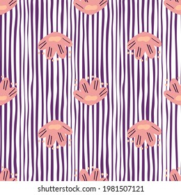 Flores de color rosa pueril decorativas con un patrón de doodle impecable. Fondo rayado morado y blanco. Diseñado para el diseño de tejidos, impresión textil, envoltura, cubierta. Ilustración vectorial.