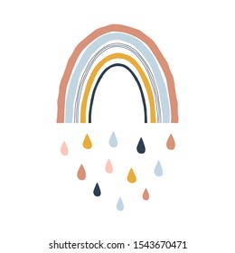 Decorative childish rainbow illustration. Colorful Arch with droplets paper cut simple composition. Kid-like weather drawing. Gender-neutrat nursery idea.